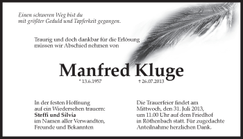 Traueranzeige von Manfred Kluge von Pegnitz-Zeitung